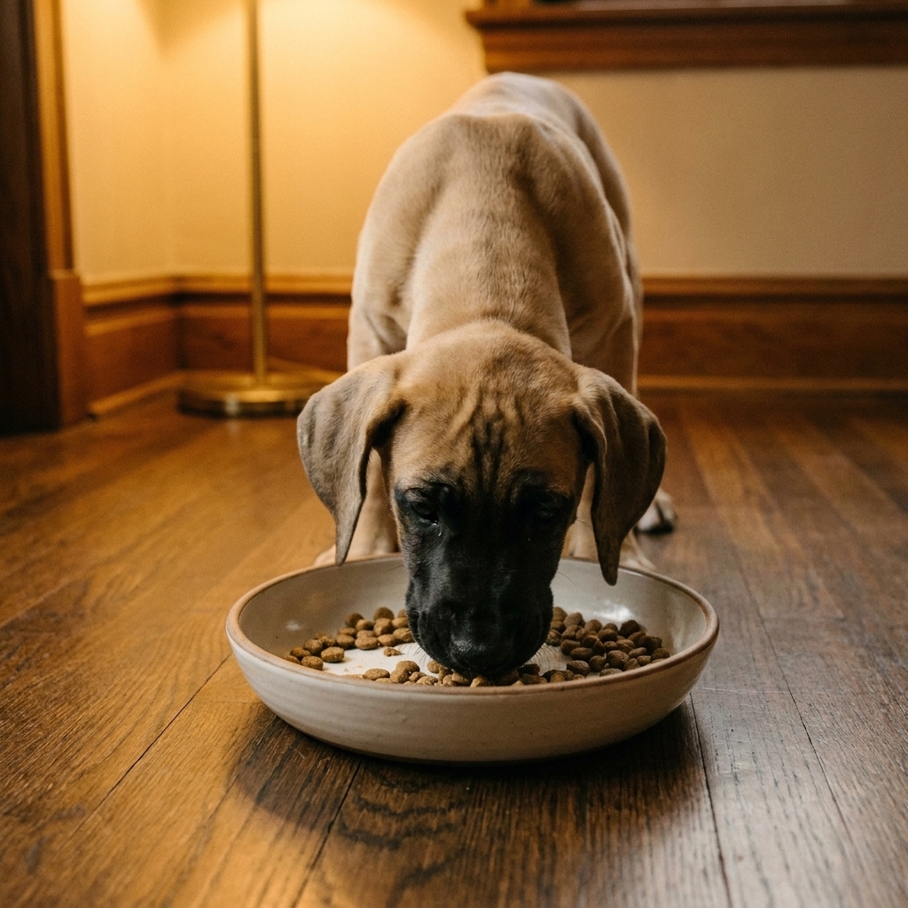 A Great Dane puppy eating kibble from a wide shallow bowl on a hardwood floor under warm indoor lighting