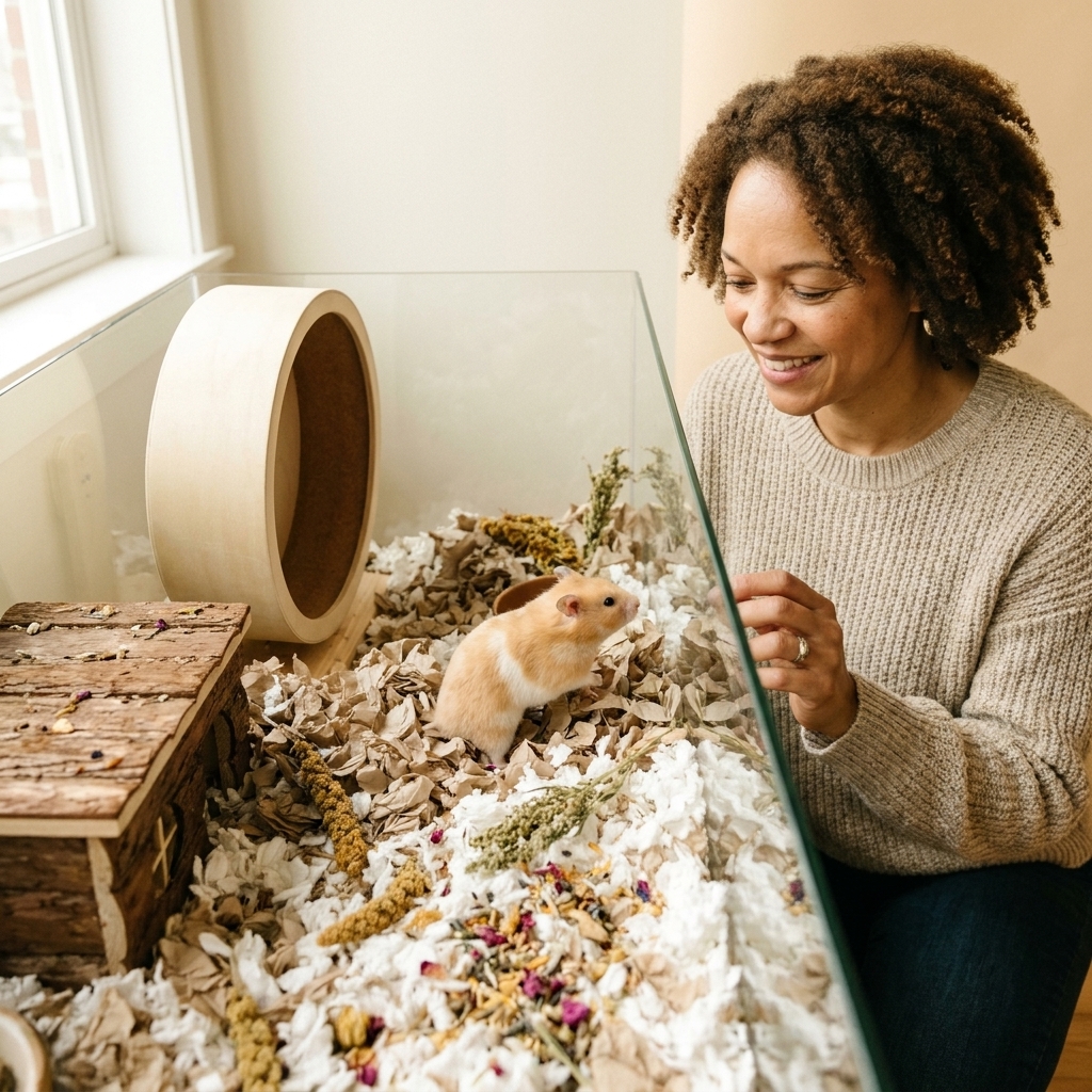 A Syrian hamster inside a wide habitat with deep paper bedding, a large solid running wheel, a wooden hideout, and scattered forage