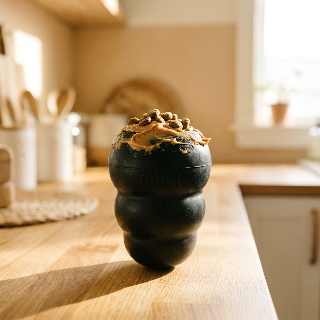 A black KONG toy stuffed with peanut butter and kibble on a kitchen counter, ready to be frozen