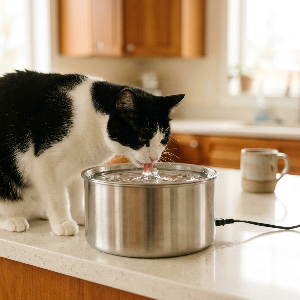 A black-and-white cat drinking from a stainless steel pet water fountain on a countertop