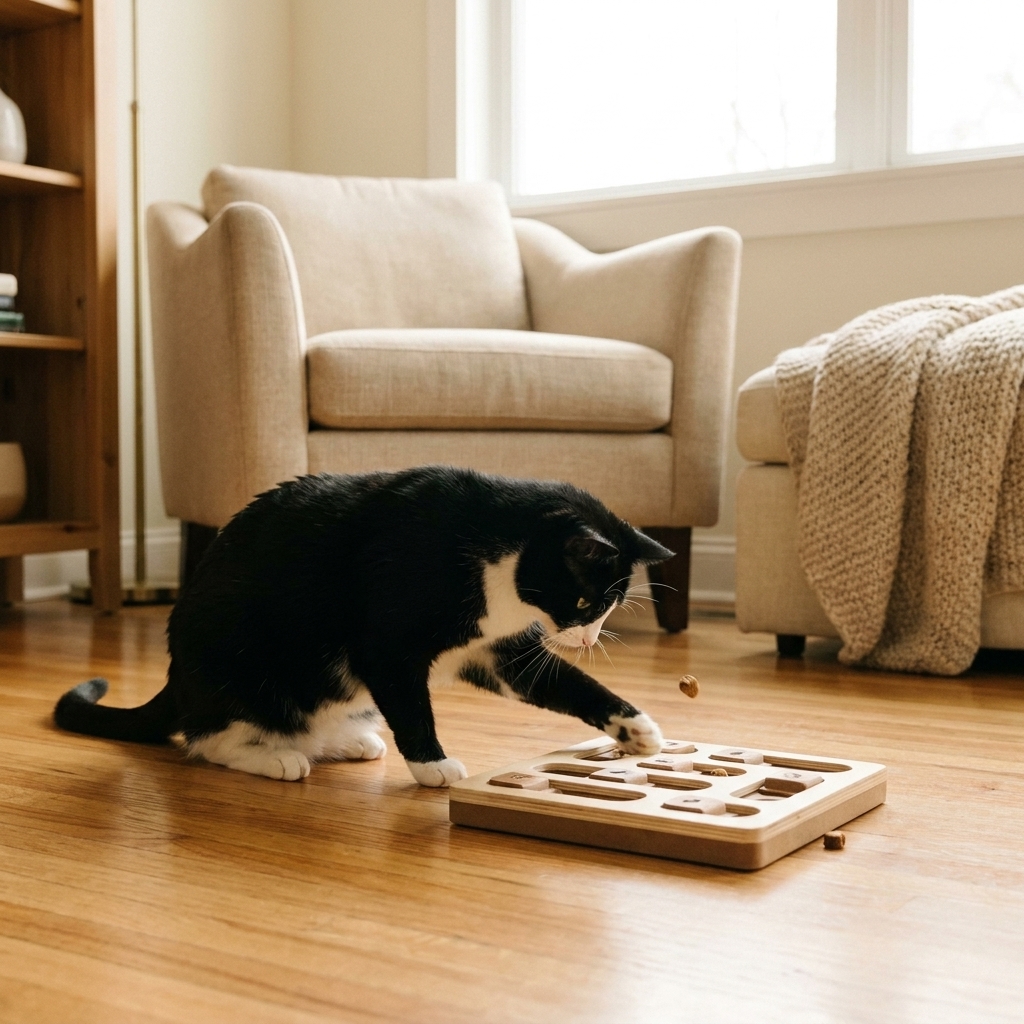 A black-and-white cat pawing at a puzzle feeder toy on a hardwood floor in a living room, mid-action