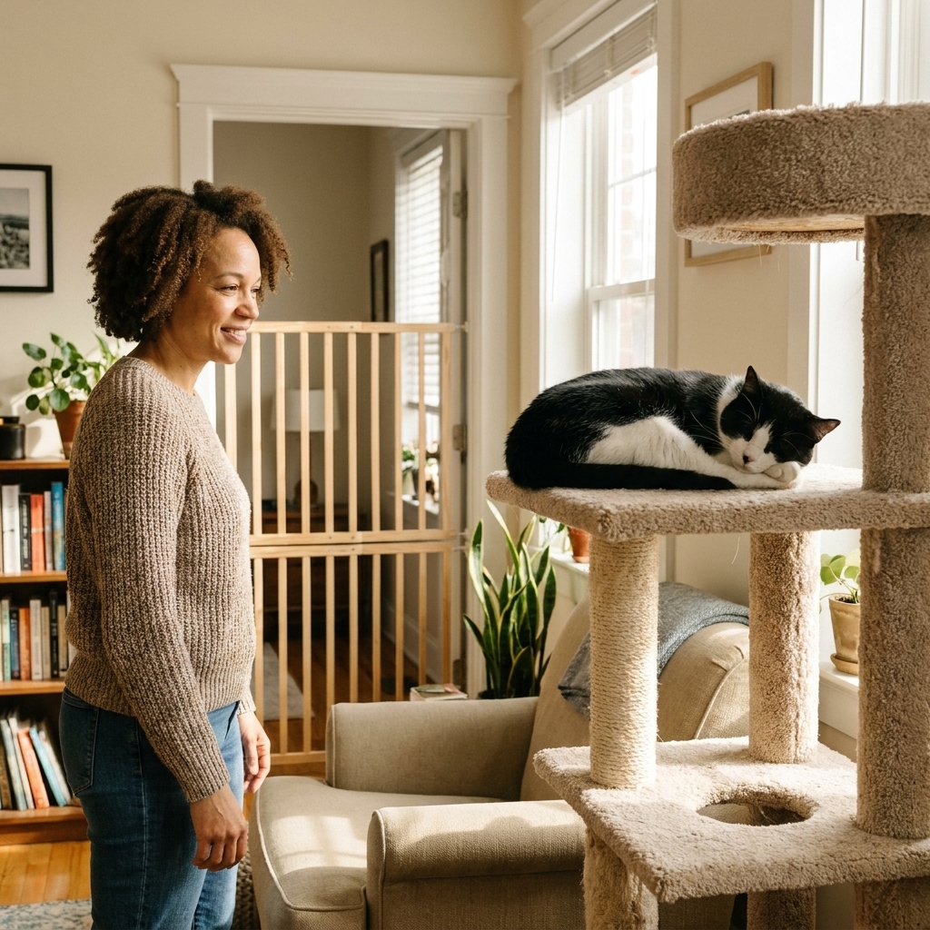 A black-and-white cat resting on a cat tree inside a quiet room while a tall baby gate blocks the doorway
