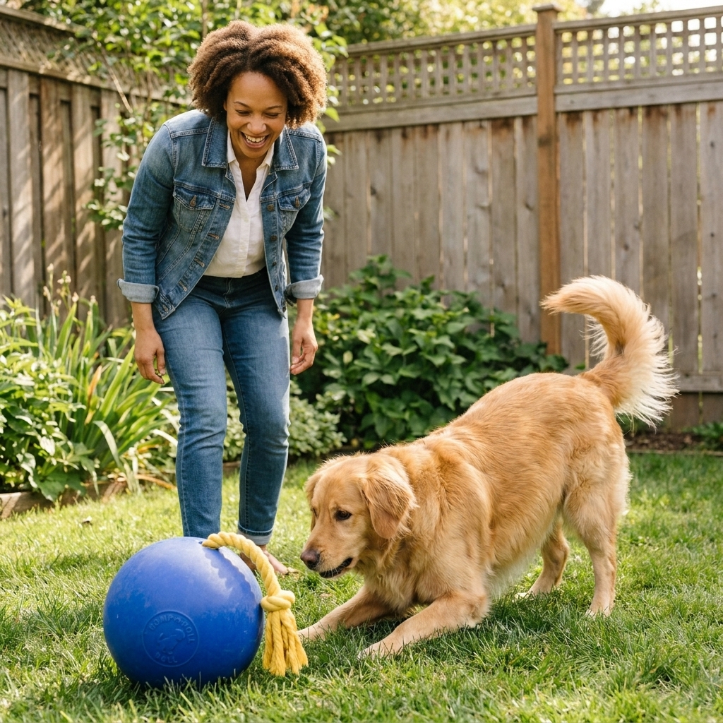 A blue Romp-n-Roll ball with a rope handle lying in a backyard while a large dog looks at it ready to play