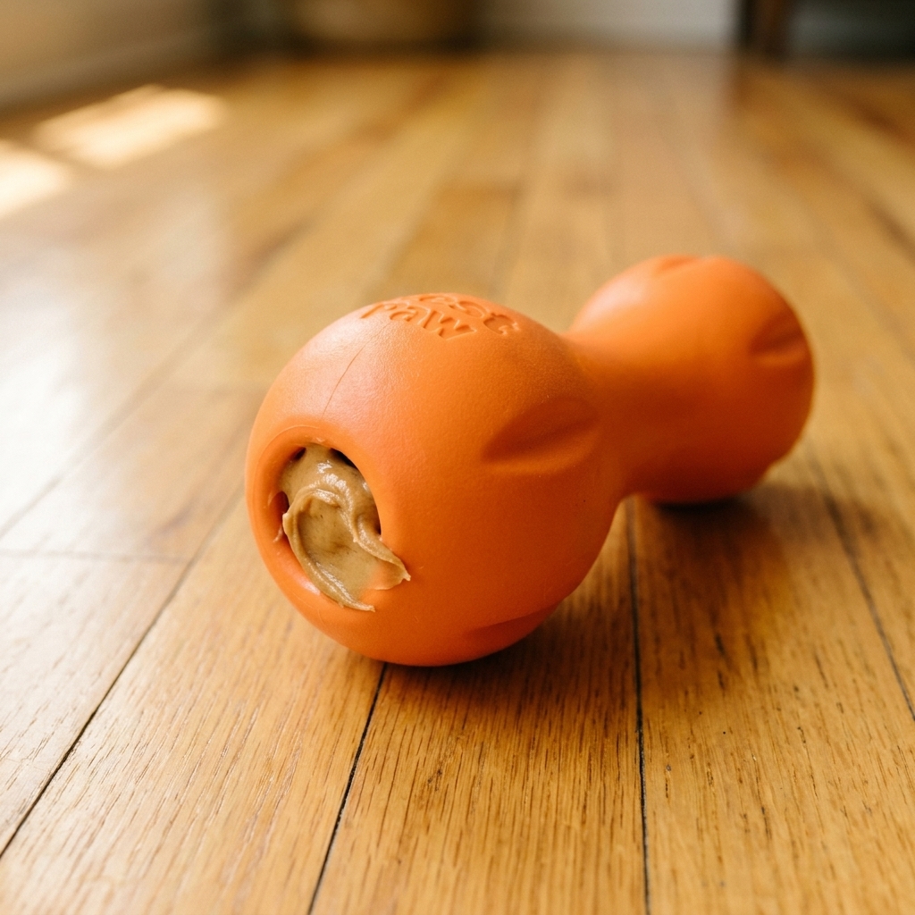 A bright orange West Paw Tux toy on a hardwood floor with a small smear of soft food at the opening