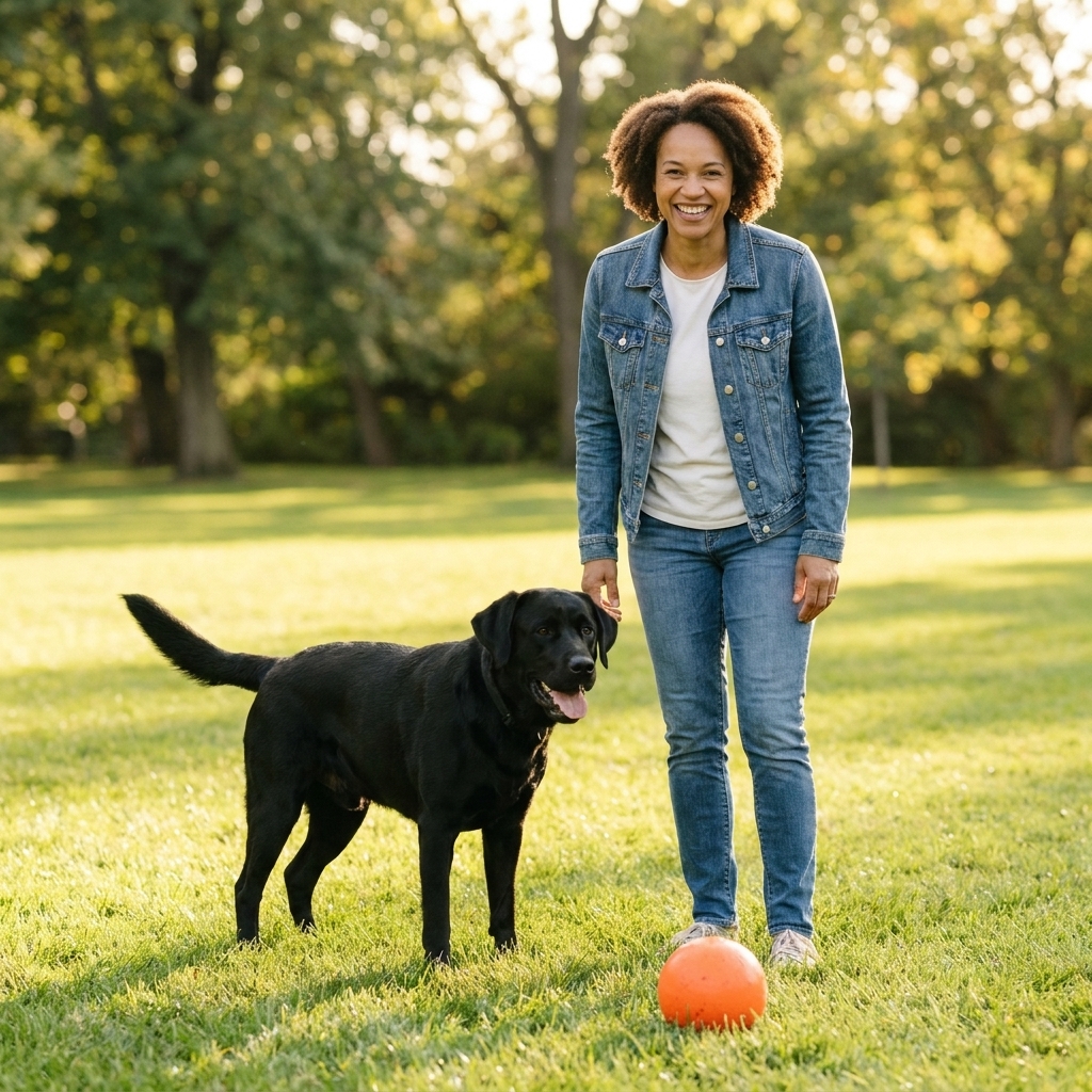 A bright orange rubber ball on short green grass with a happy black Labrador-type dog standing nearby