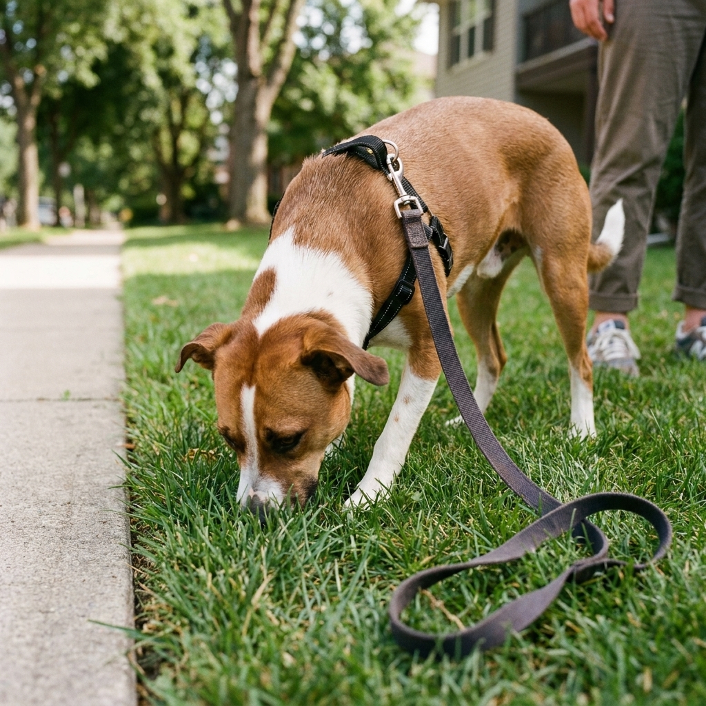 A brown and white dog calmly sniffing grass near a sidewalk while wearing a harness and a loose leash