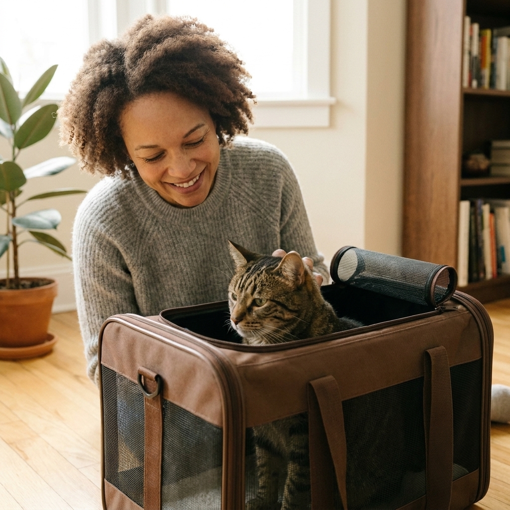 A calm adult tabby cat sitting inside a soft-sided travel carrier at home with the top flap unzipped