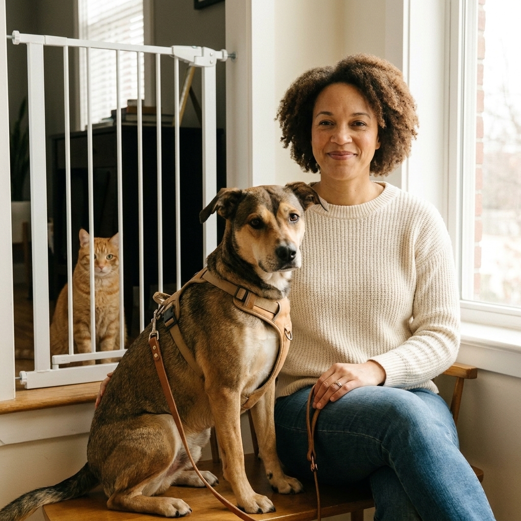 A calm dog wearing a harness and leash sits next to a seated owner while a cat watches from behind a tall baby gate