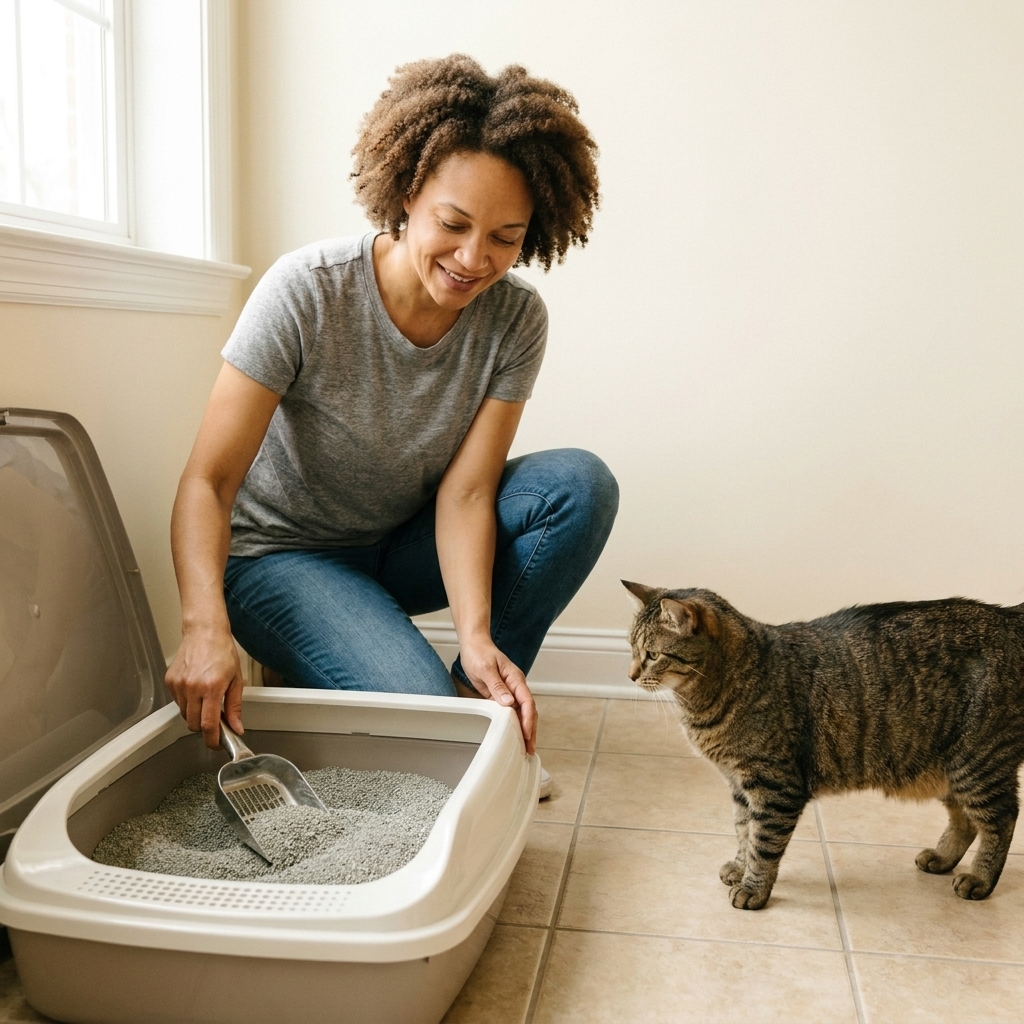 A cat owner scooping a clean open litter box while a calm cat stands nearby on a tile floor
