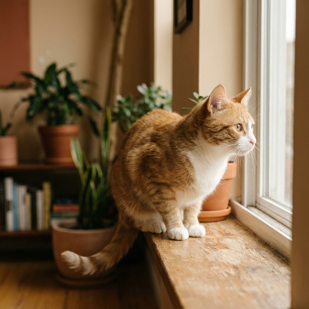 A cat sitting tensely on a windowsill looking outside with alert posture in a home living room