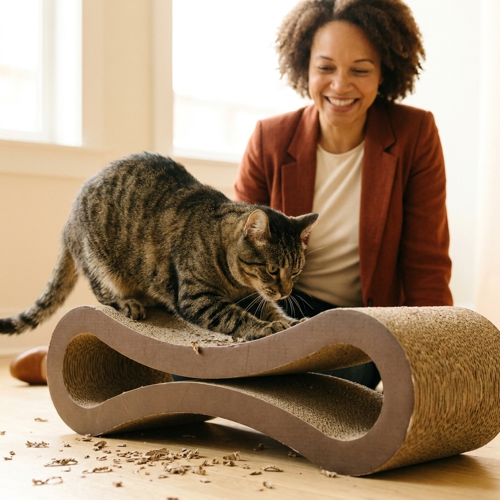 A cat using a curved cardboard lounge scratcher, with small bits of cardboard nearby.