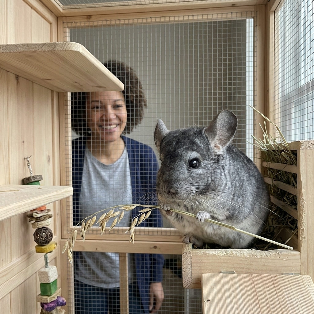 A chinchilla holding a piece of oat hay with seed heads and nibbling it inside a roomy enclosure