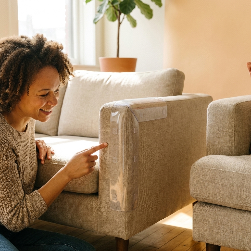 A clear plastic scratch guard attached to the corner of a living room couch arm to prevent claw damage