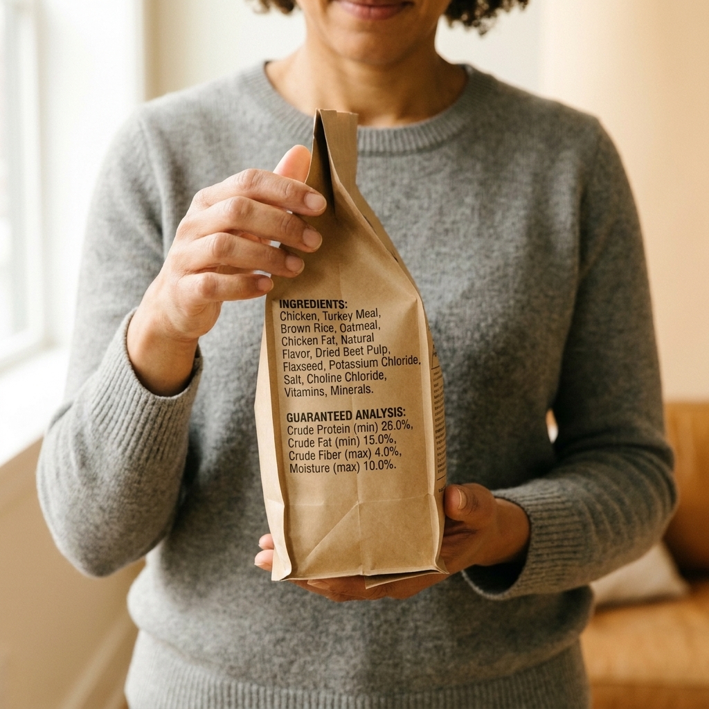 A close-up of a dog food bag being held in two hands with the ingredient list and guaranteed analysis visible