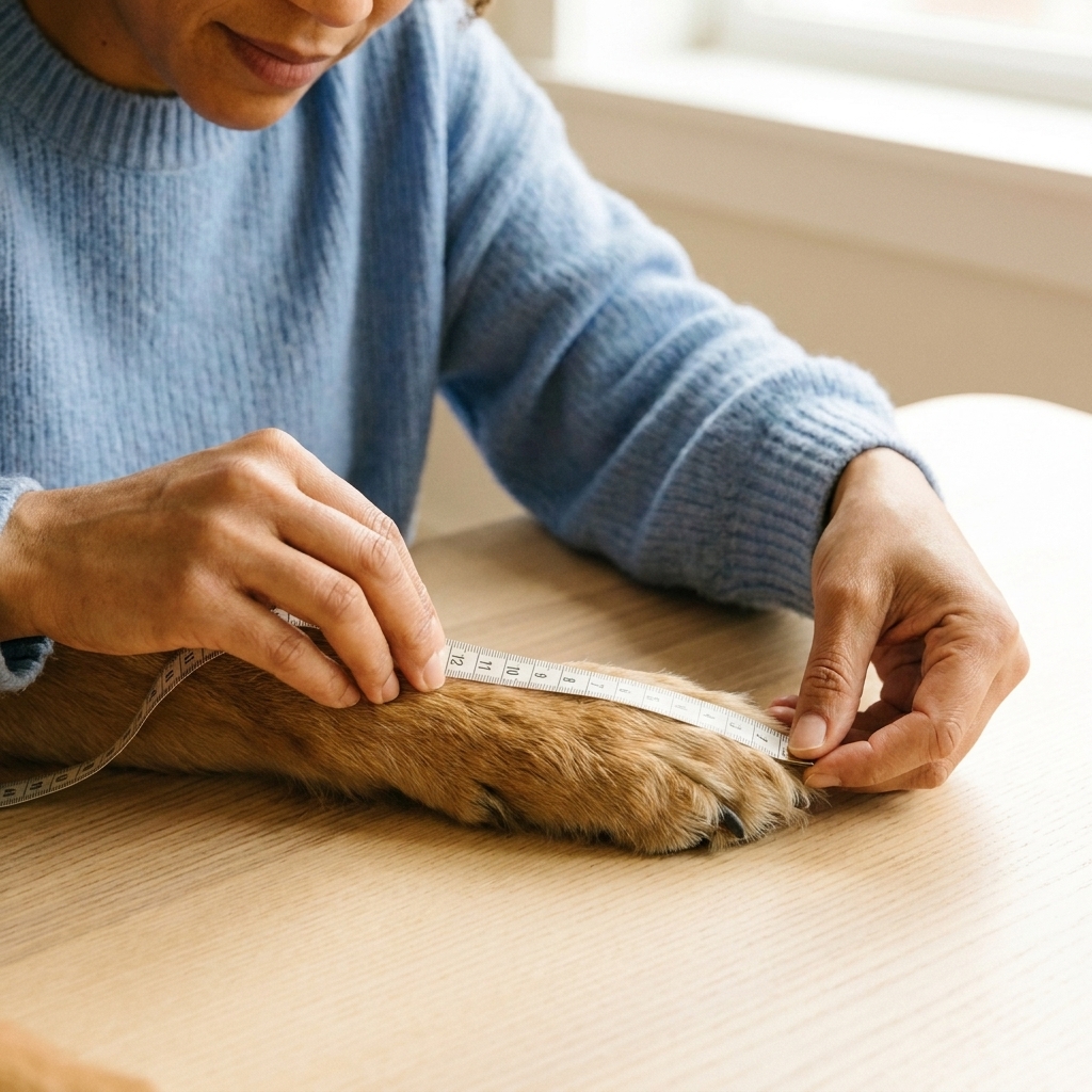A close-up of a dog paw being gently measured for booties, with the paw placed on a flat surface while a person measures width