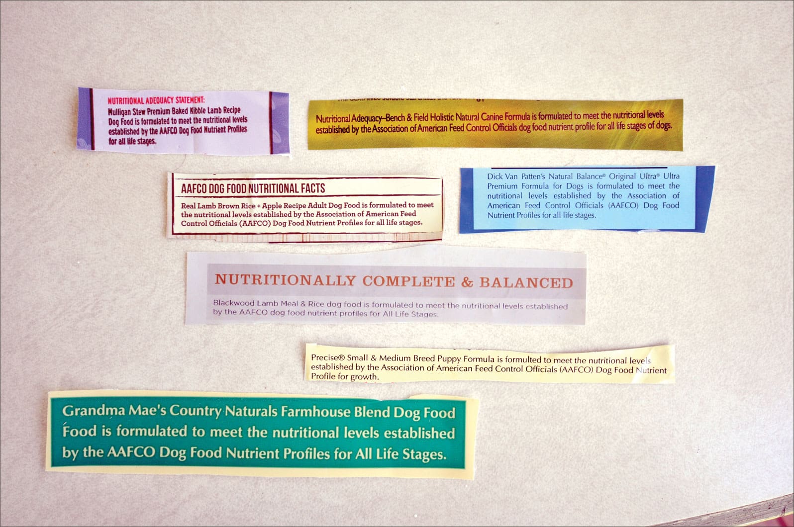 A close-up photo of a dry dog food bag back panel where the nutritional adequacy statement references animal feeding tests using AAFCO procedures