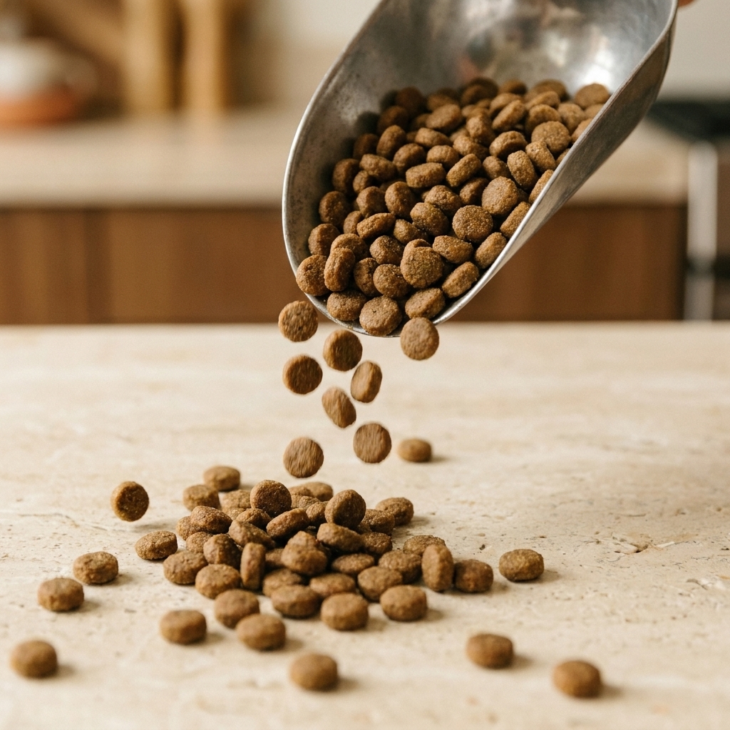 A close-up photo of dry dog kibble pieces spilling from a scoop onto a light-colored countertop