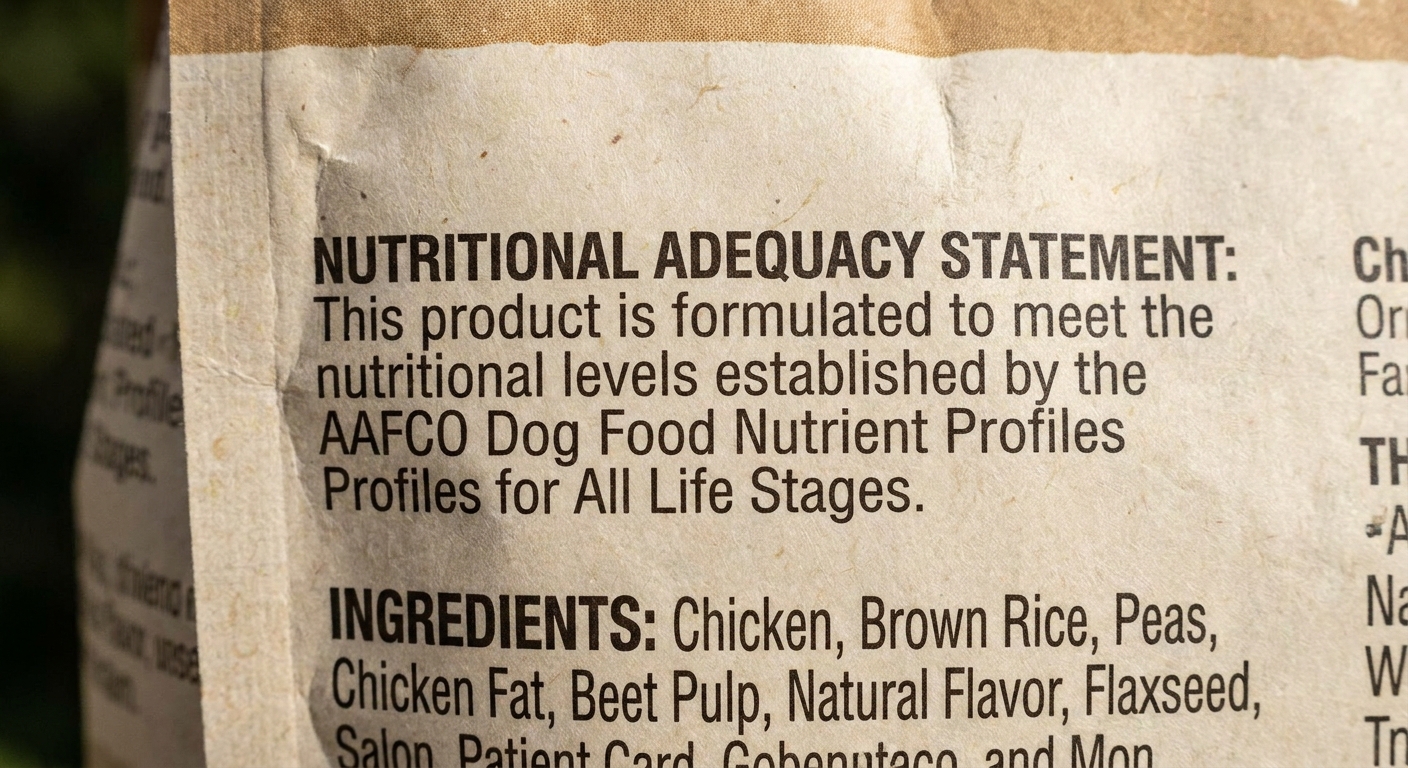 A close-up photo of the back panel of a dog or cat food bag showing the nutritional adequacy statement and ingredient list in small print