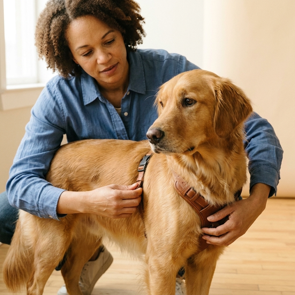 A close view of a dog standing still while a person checks the harness straps along the chest and behind the front legs