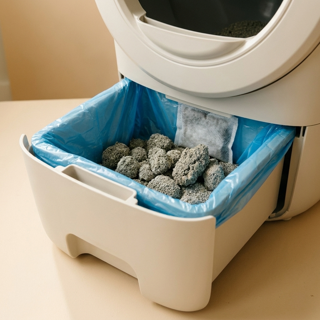 A close view of an automatic litter box waste drawer pulled open, showing a lined bin designed to hold clumped waste and control odor