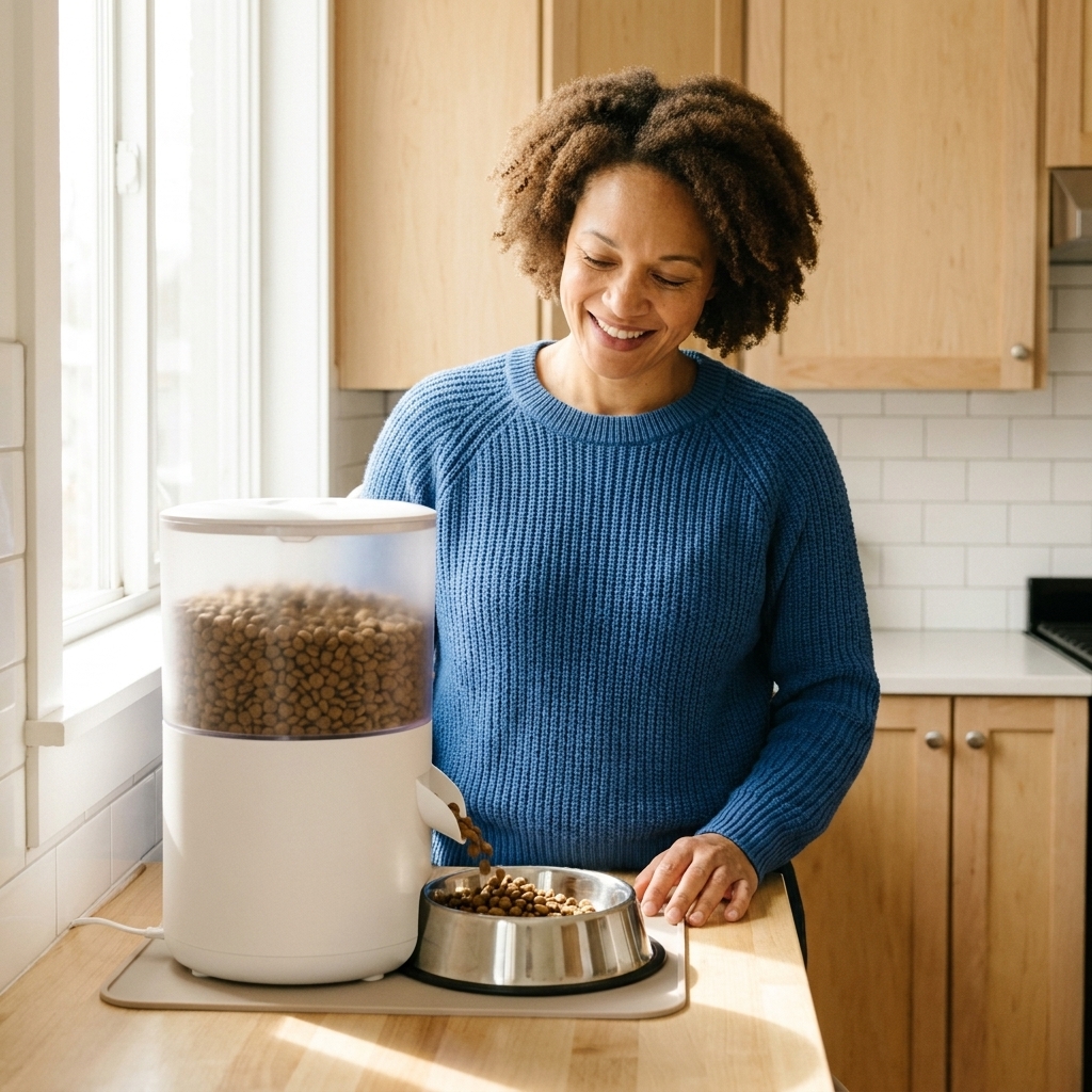 A countertop automatic pet feeder dispensing kibble into a stainless bowl in a bright kitchen