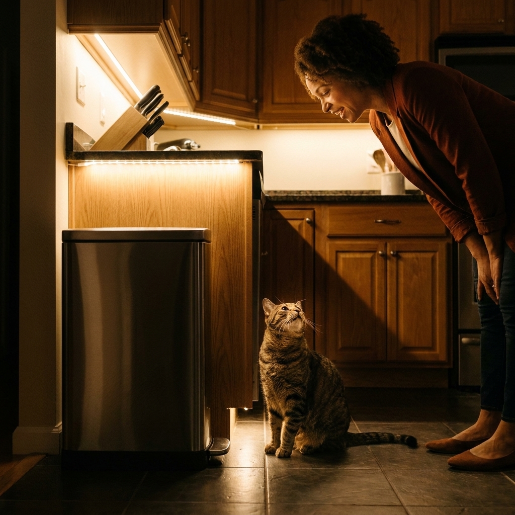 A curious adult tabby cat sitting beside a closed kitchen trash can at night with a dim under-cabinet light.