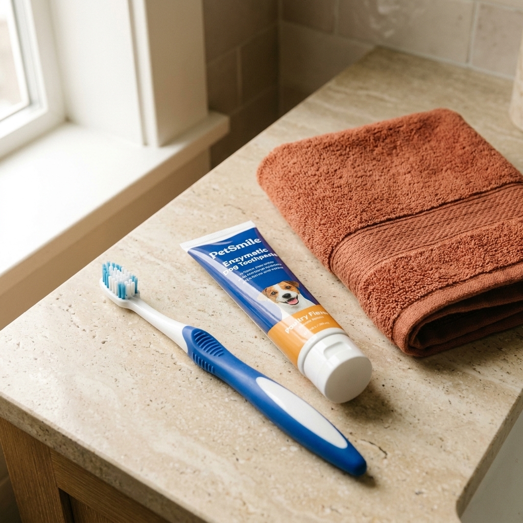 A dog toothbrush and a tube of enzymatic dog toothpaste placed on a countertop next to a folded towel, ready for a home teeth-brushing session