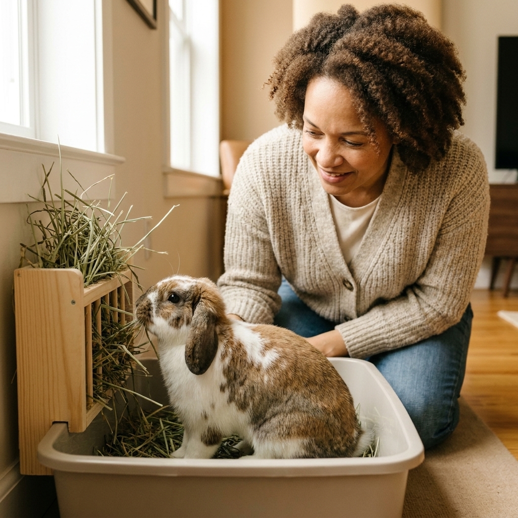 A domestic rabbit standing beside a litter box with a hay rack attached, nibbling hay while using the box