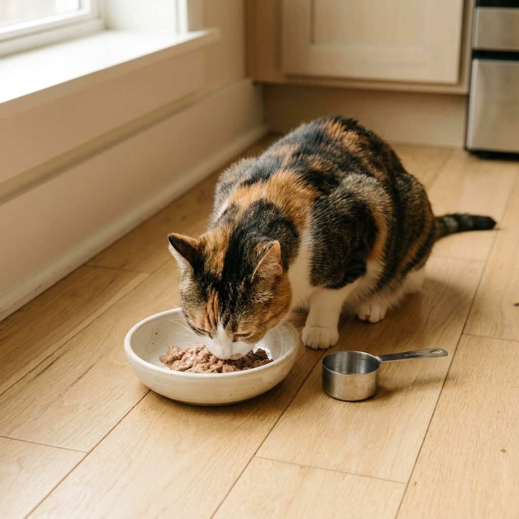 A domestic short-haired cat eating a measured portion of wet food from a ceramic bowl on a kitchen floor