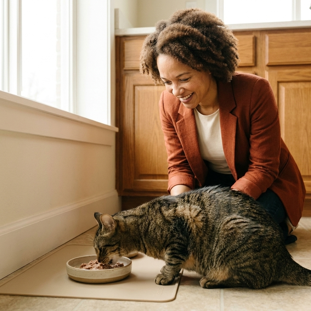 A domestic short-haired cat eating from a shallow ceramic bowl of wet cat food on a clean kitchen mat, close natural light