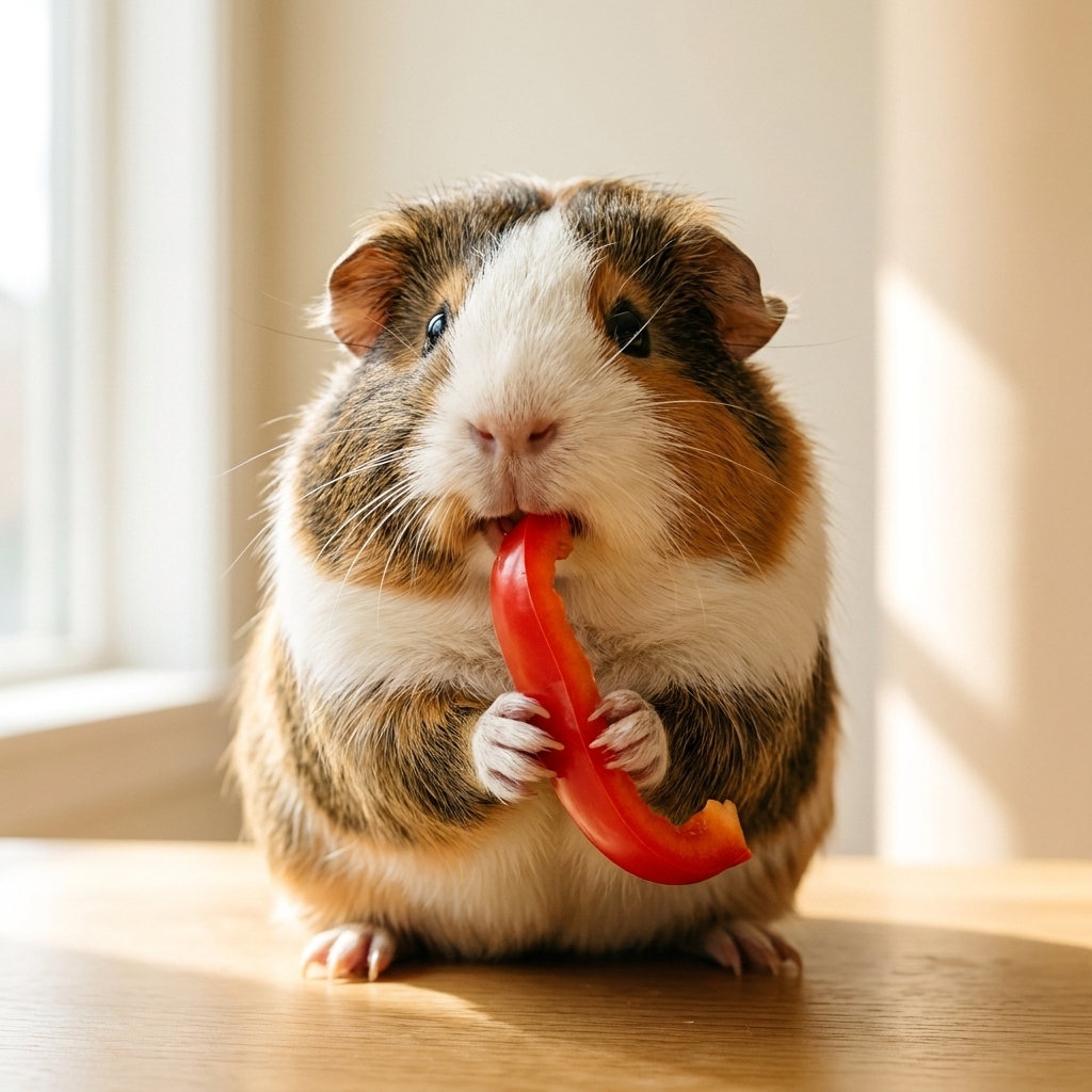 A fluffy guinea pig holding a slice of red bell pepper with its front paws and chewing in soft daylight