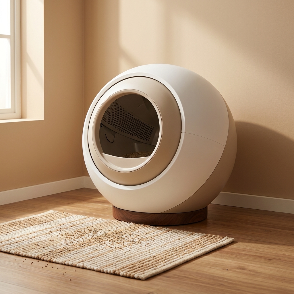 A globe-style automatic litter box sitting against a wall in a home, with a cat mat placed in front to catch litter
