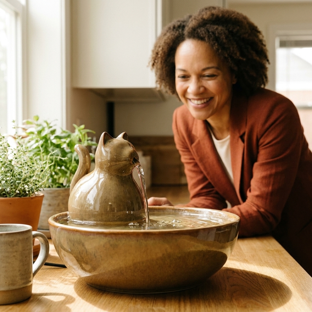 A glossy ceramic cat water fountain on a countertop with water gently bubbling at the top and pooling into a wide bowl