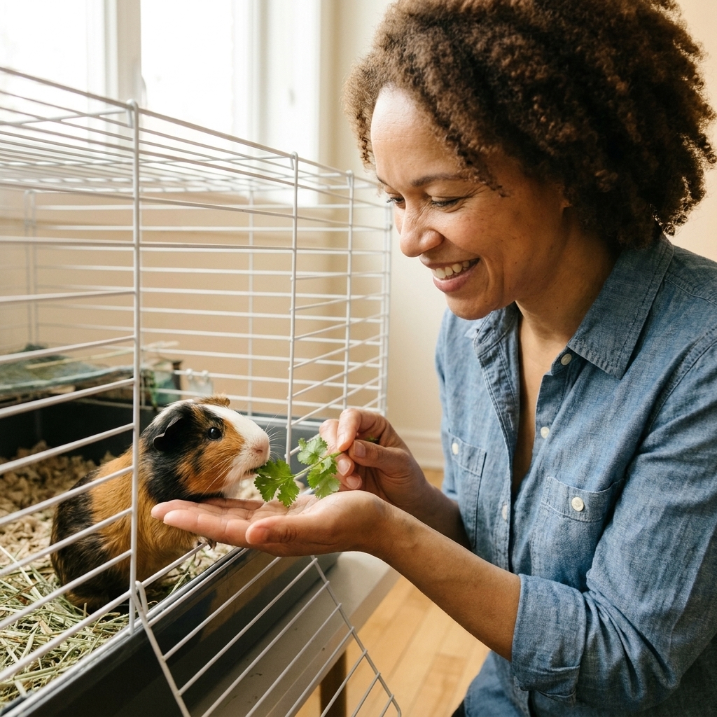 A guinea pig gently taking a sprig of cilantro from a person’s open hand inside a cage