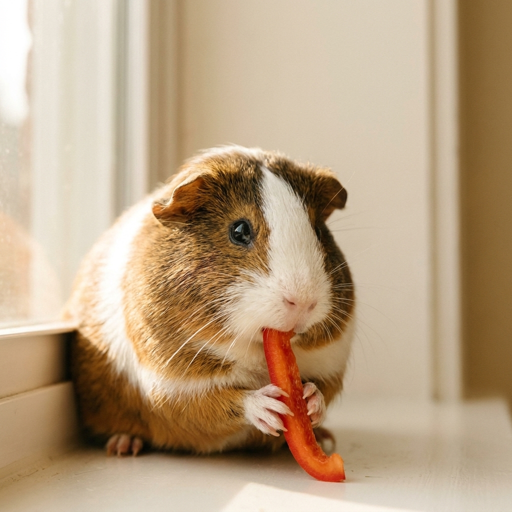 A guinea pig holding a thin slice of red bell pepper between its front paws while eating under natural light