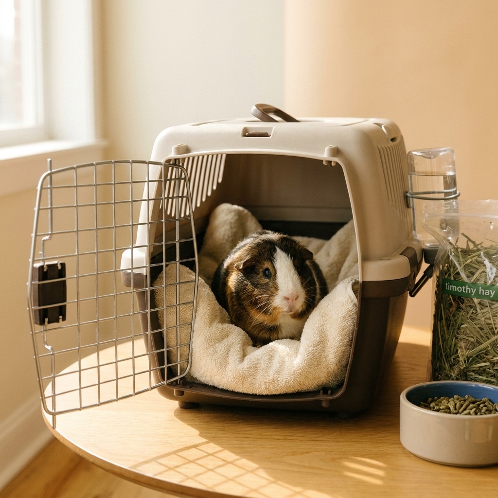 A guinea pig in a small travel carrier lined with a soft towel, with a few basic care items nearby