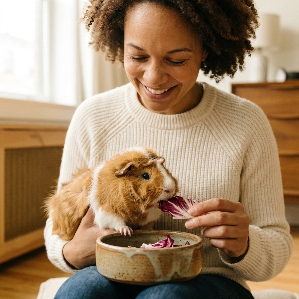A guinea pig nibbling a small piece of purple radicchio leaf from a ceramic food dish