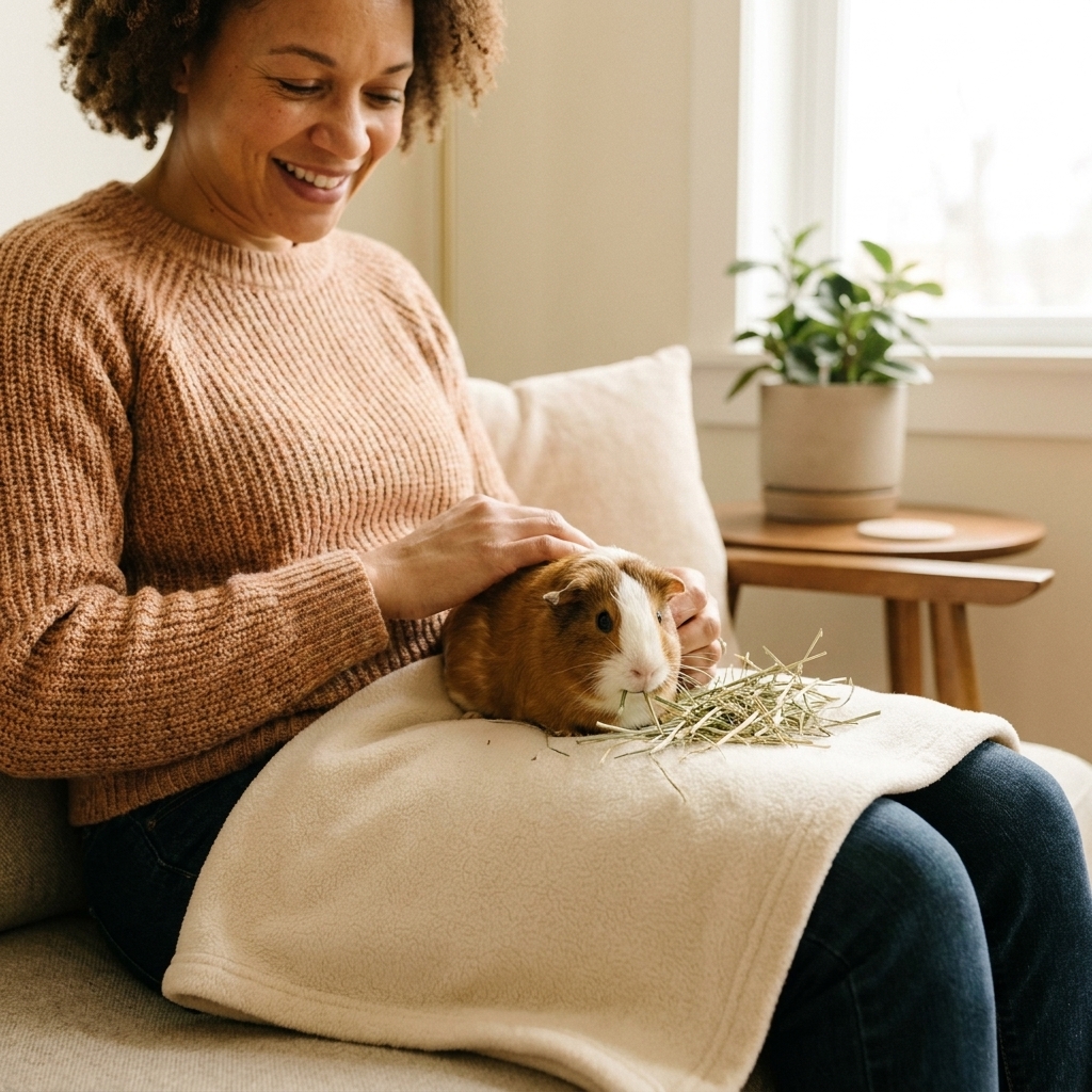 A guinea pig sitting on a person’s lap on a fleece blanket while nibbling hay, indoors