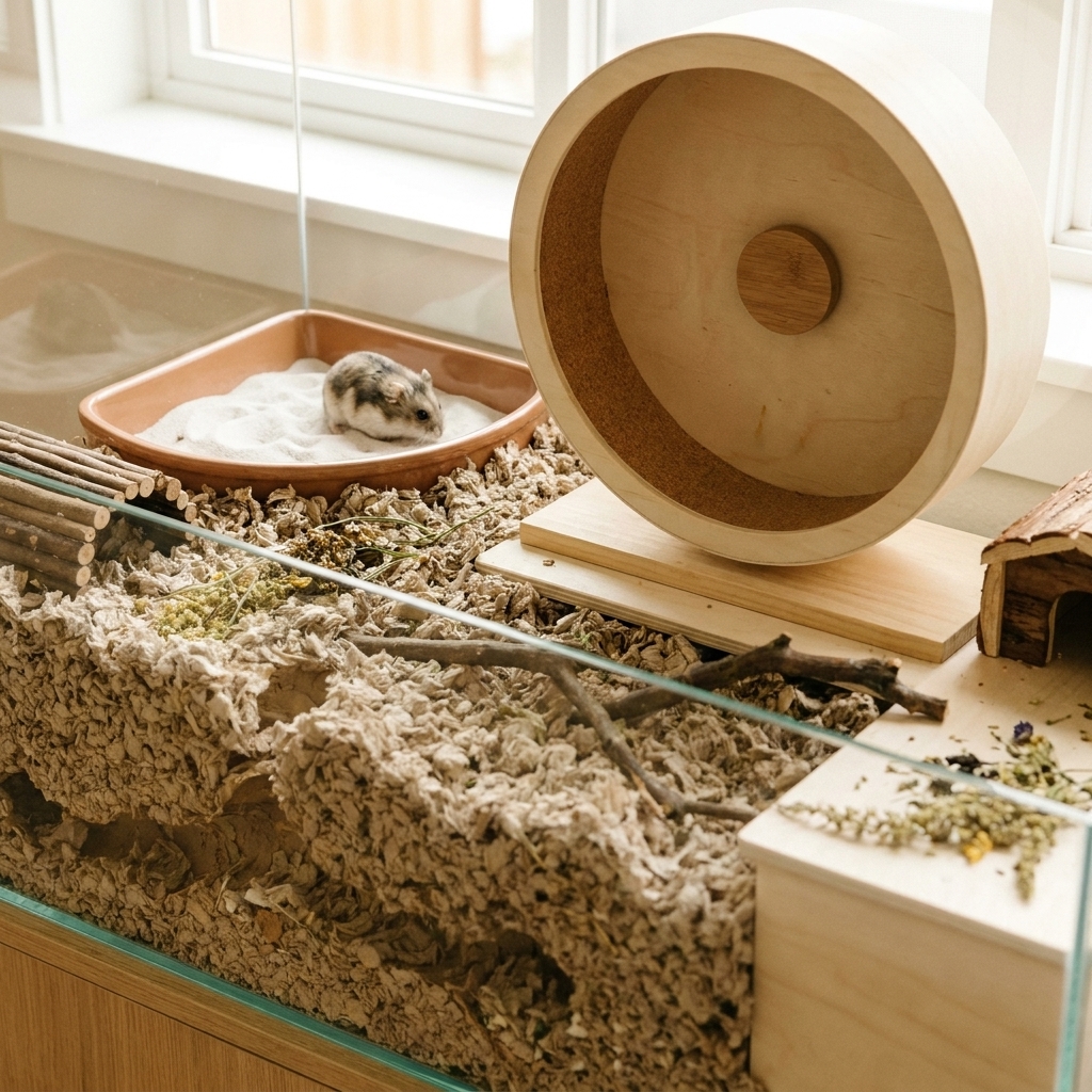 A hamster habitat showing a deep bedding section with visible tunnels, a sand bath dish, and a large solid exercise wheel