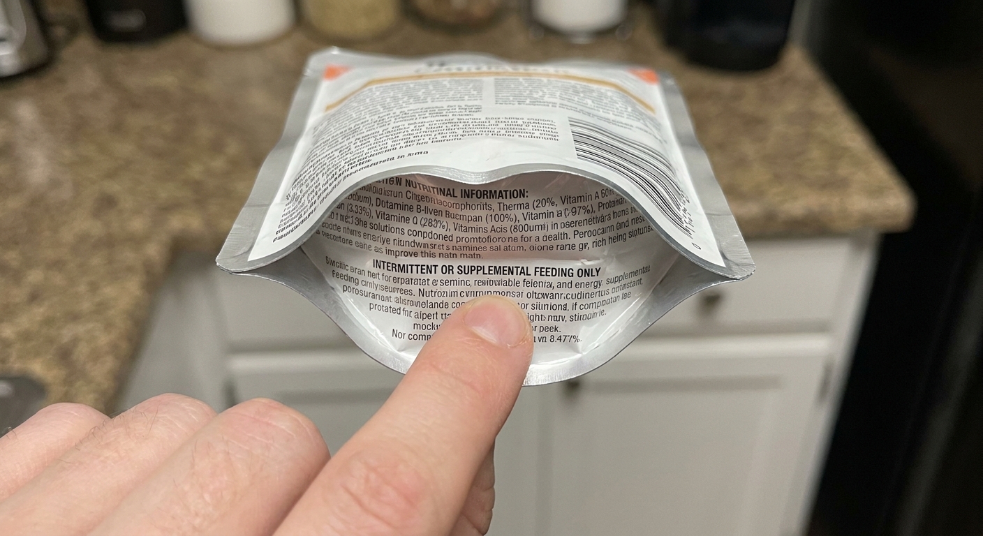 A hand holding a small cat food pouch with the back panel facing the camera, highlighting the area where an intermittent or supplemental feeding statement would appear