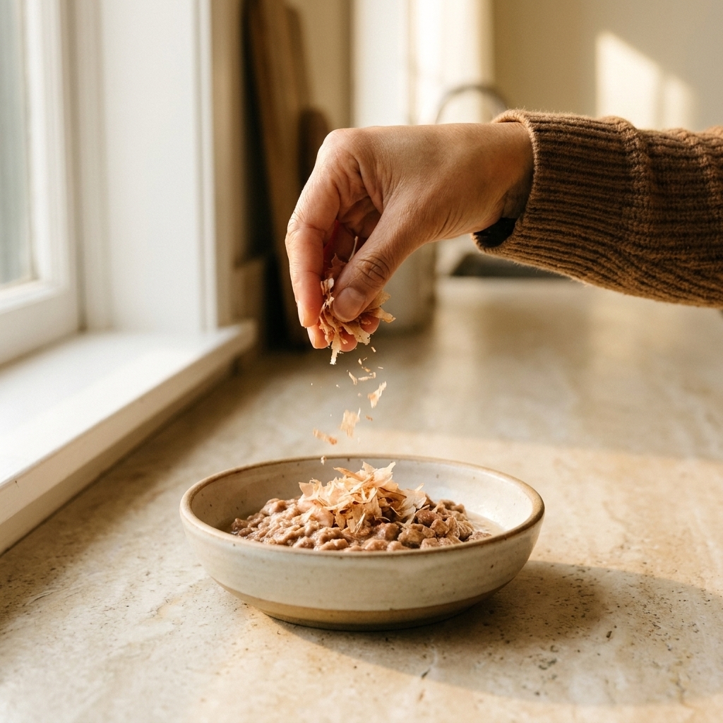 A hand sprinkling a small pinch of bonito flakes over a bowl of wet cat food on a countertop, close natural light