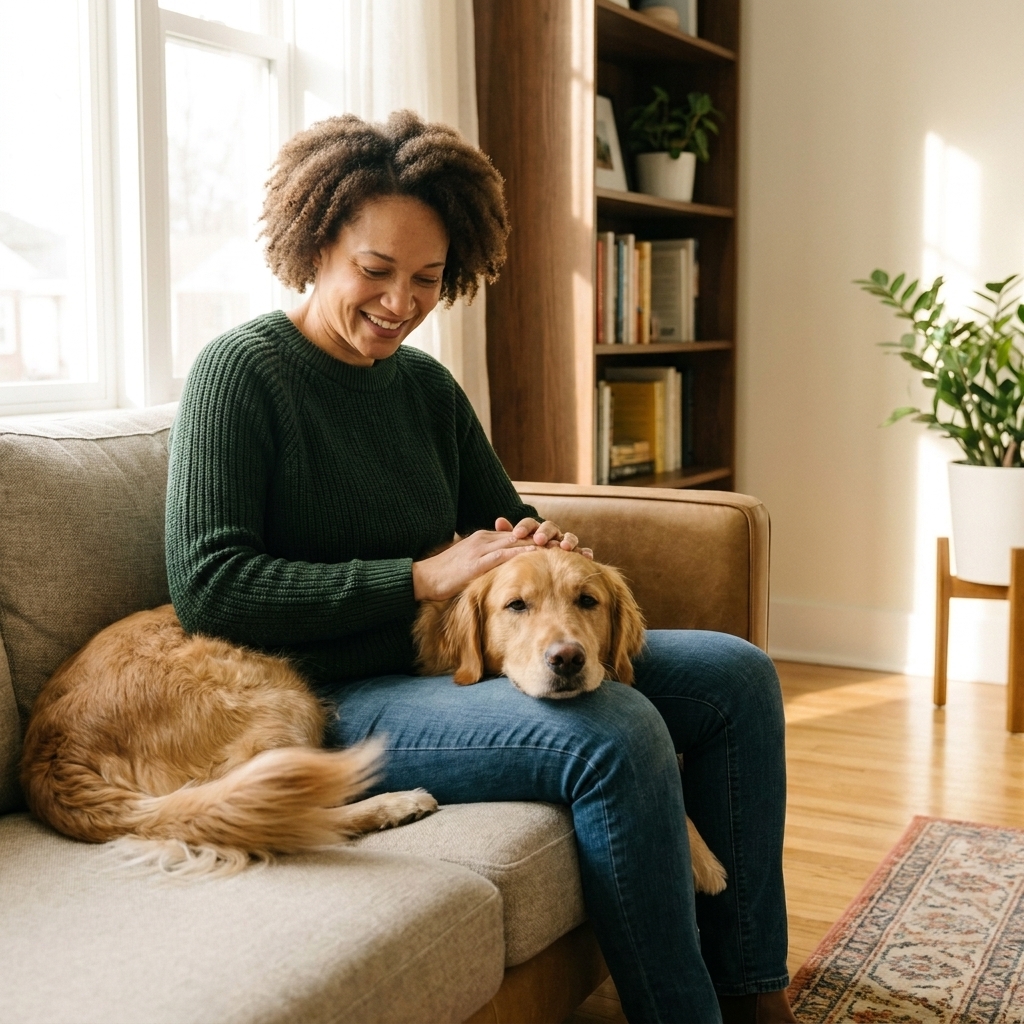 A happy Golden Retriever mix resting with their head on a person’s lap on a couch in a cozy living room.