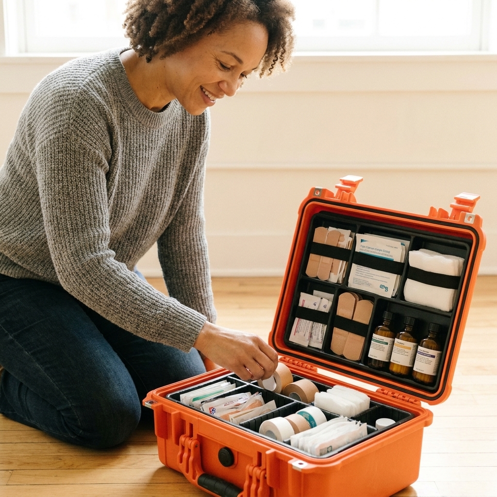 A hard-sided first aid organizer case open on a floor with multiple compartments holding bandages, tape, and small bottles