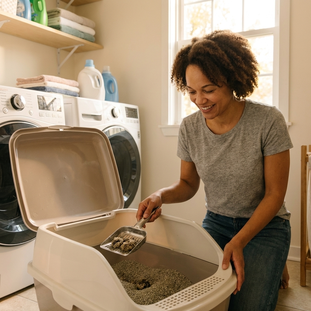 A large open cat litter box with freshly scooped clumping litter in a calm laundry room corner