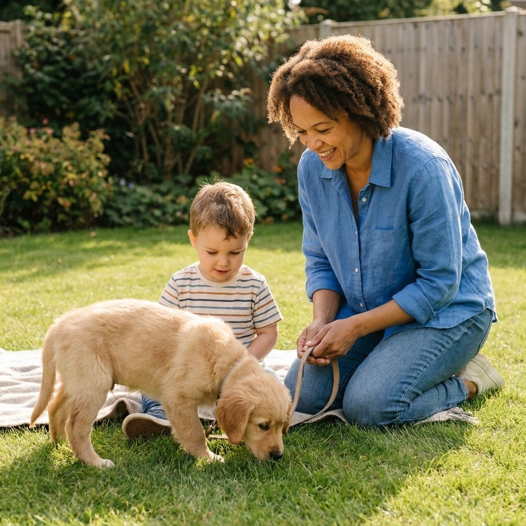 A leashed puppy calmly sniffing near a child sitting on a lawn with an adult supervising during a gentle outdoor introduction.