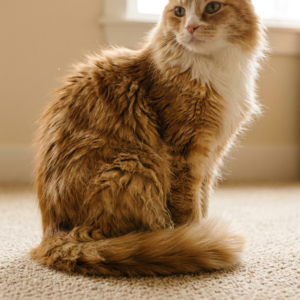 A longhaired adult cat with visible small mats along the hindquarters, sitting quietly on a carpeted floor