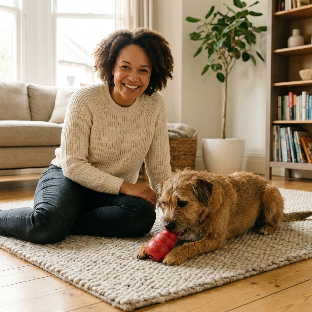 A medium dog lying on a rug, calmly chewing a frozen stuffed rubber food toy in a living room