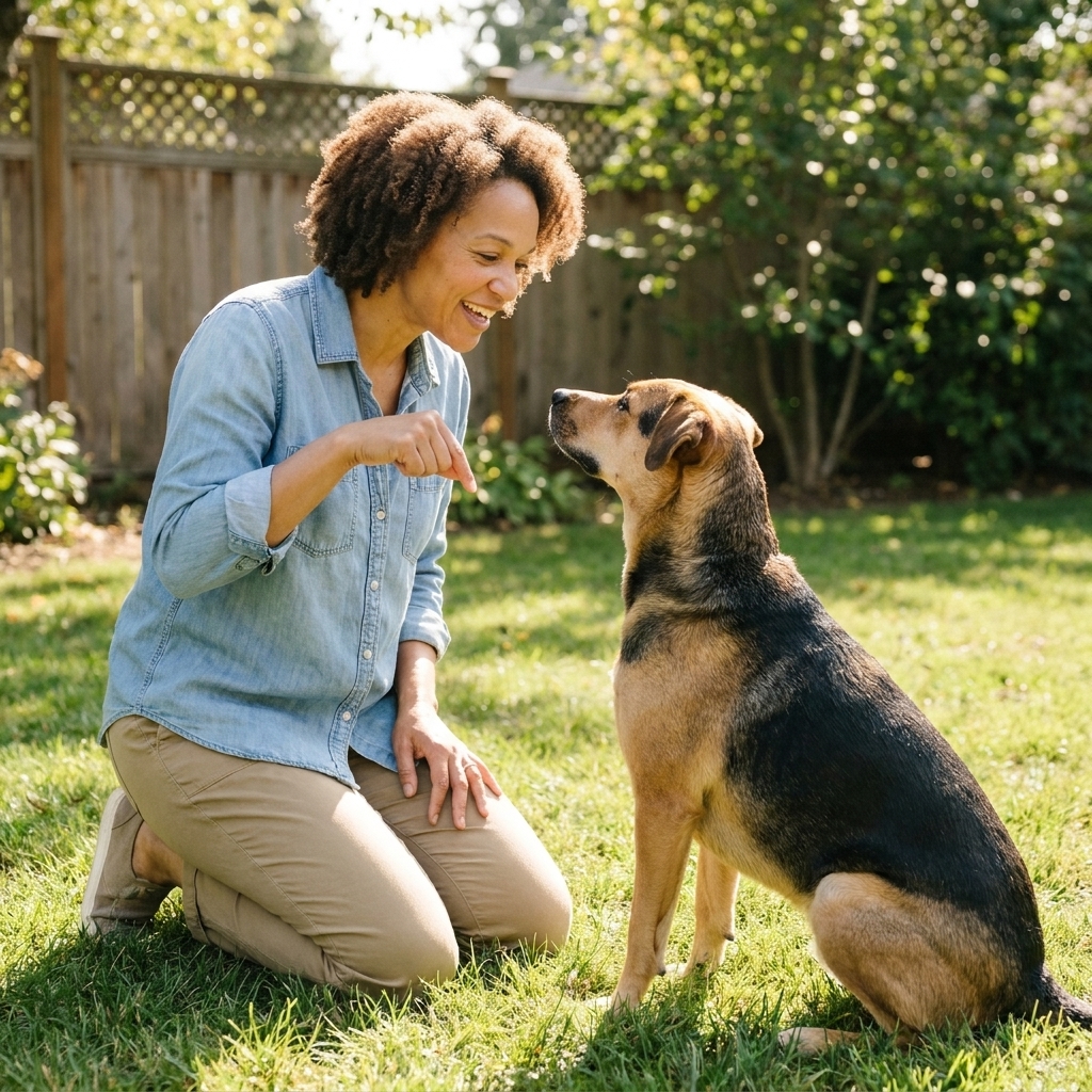 A medium-sized dog looking up attentively at a pet parent who is giving a calm hand signal and a voice cue in a backyard.