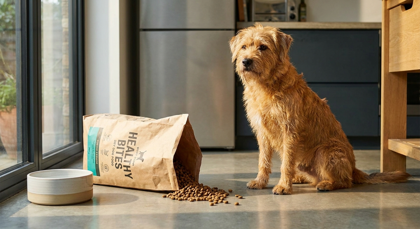 A medium-sized dog sitting beside an open bag of dry dog food on a clean kitchen floor, natural indoor light
