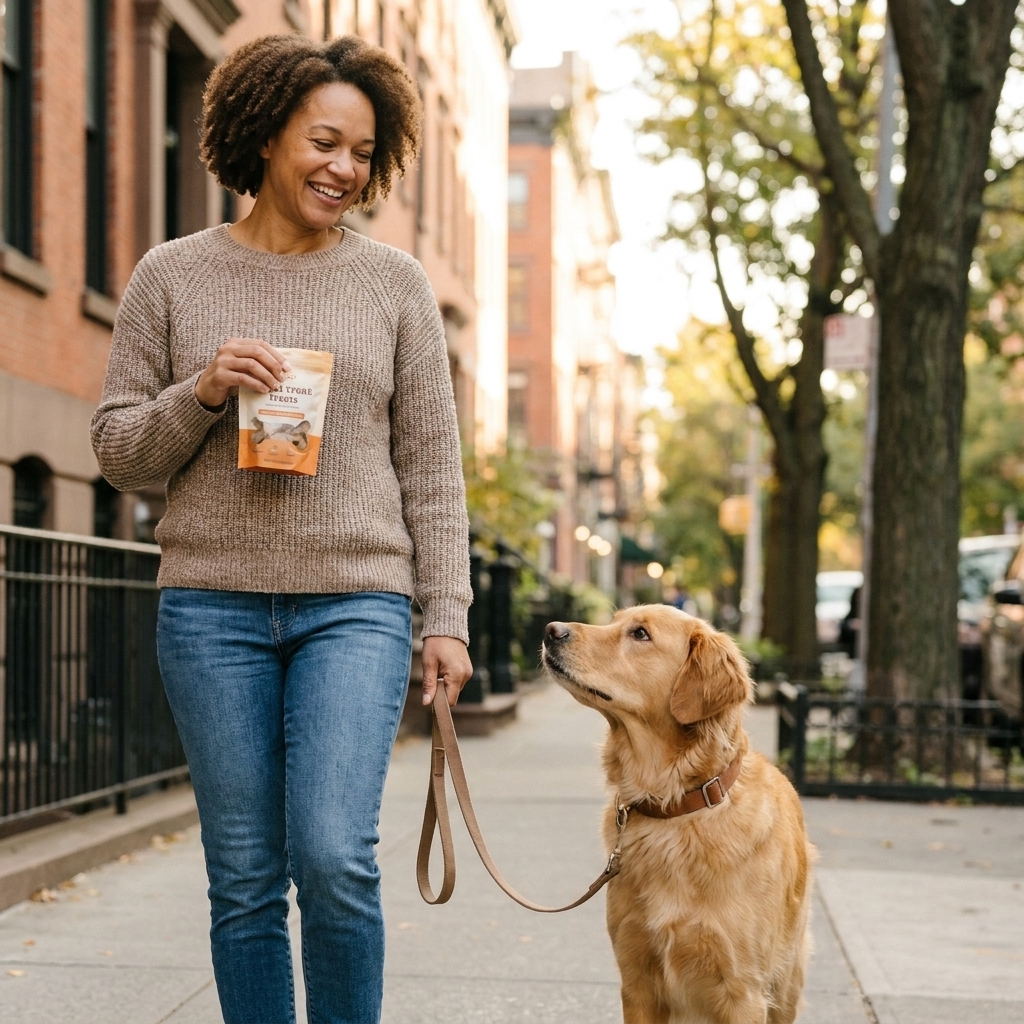 A medium-sized dog walking beside a person on a sidewalk with a visibly loose leash, the dog looking up calmly while wearing a flat collar and the handler holding treats